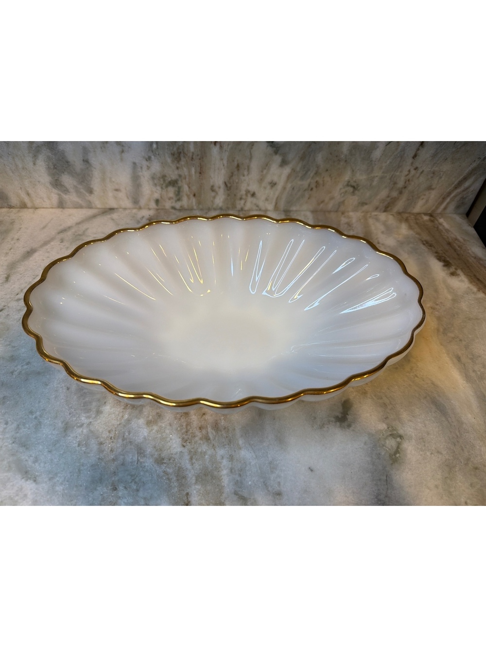 Vintage Anchor Hocking "Classic" Milk Glass Oval Bowl - 22K Gold Trim